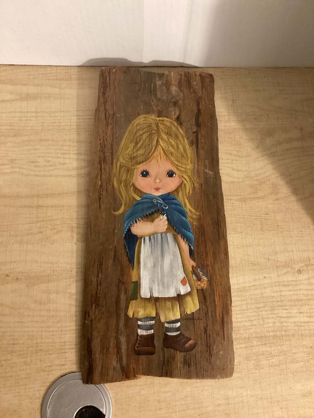 Vintage Hand Painted Big Eye Sad Girl Wood Wall Hanging Plaque Folk Art